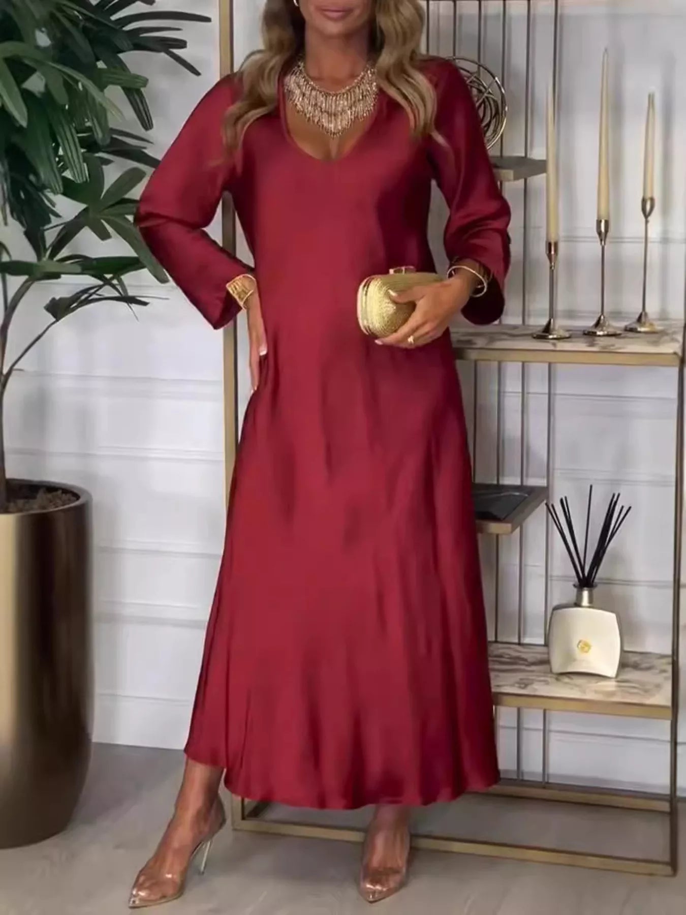 Full Size V-Neck Long Sleeve Midi Dress Plus Size 