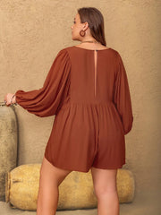 Plus Size Ruched Tie Neck Balloon Sleeve Romper 