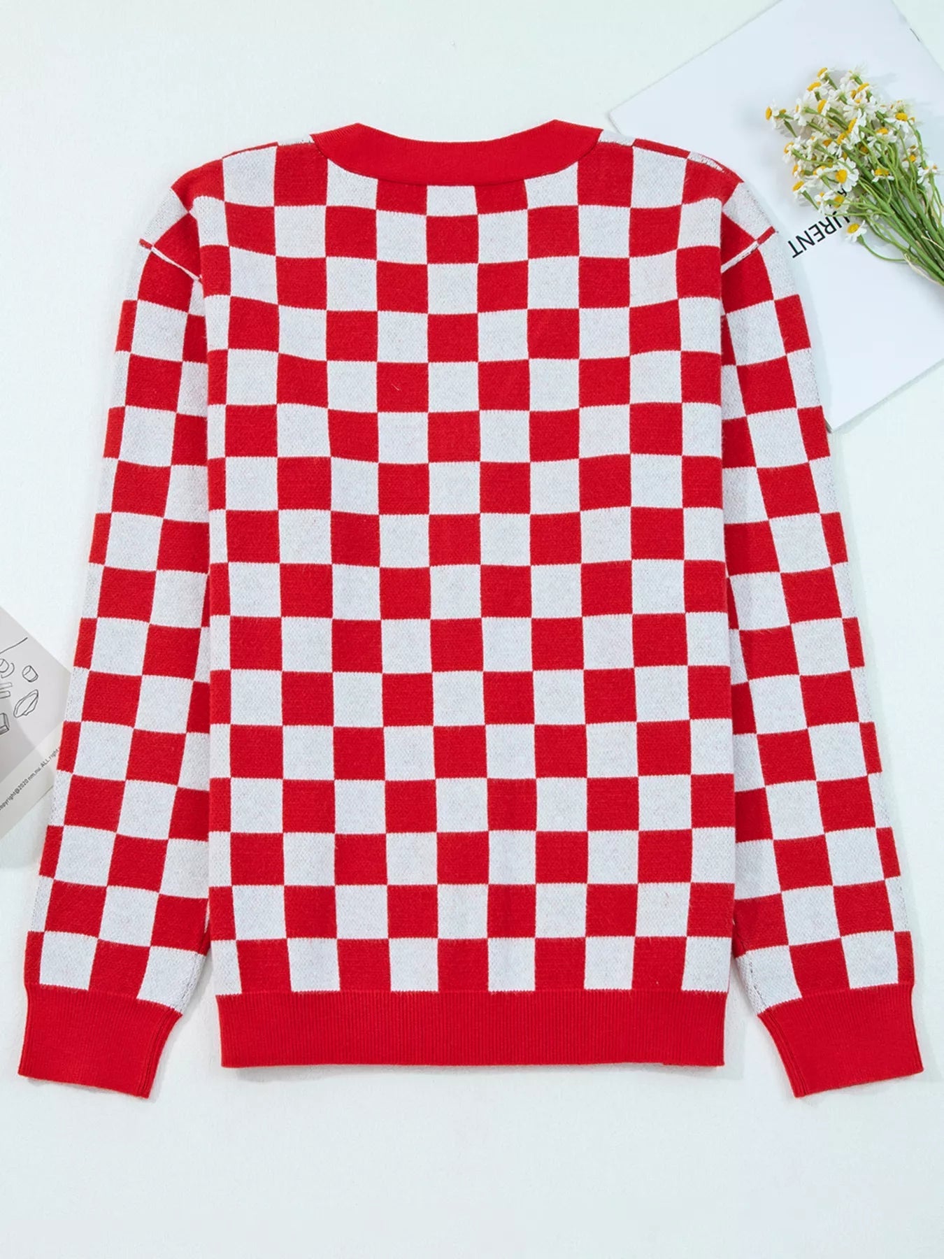 Christmas Tree Pattern Checkered Button V Neck Cardigan 
