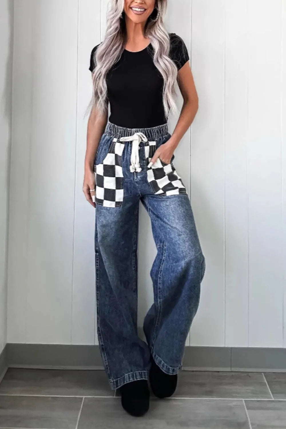 Checkered Wide Leg Jeans 