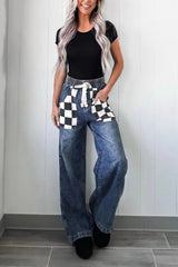 Checkered Wide Leg Jeans 