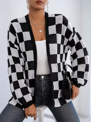 Checkerboard Pattern Open Front Knit Cardigan 