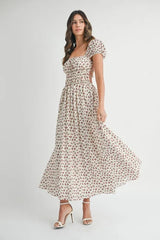 MABLE Floral Print Puff Sleeve Gathered Midi Dress 