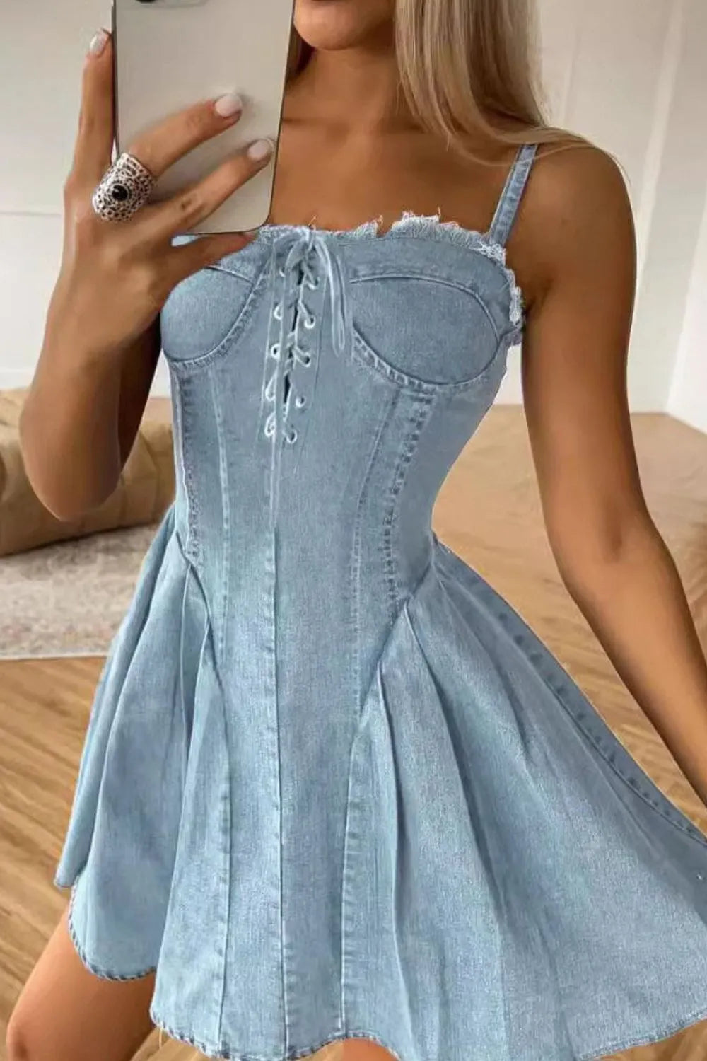 Lace Up Denim Cami Dress 