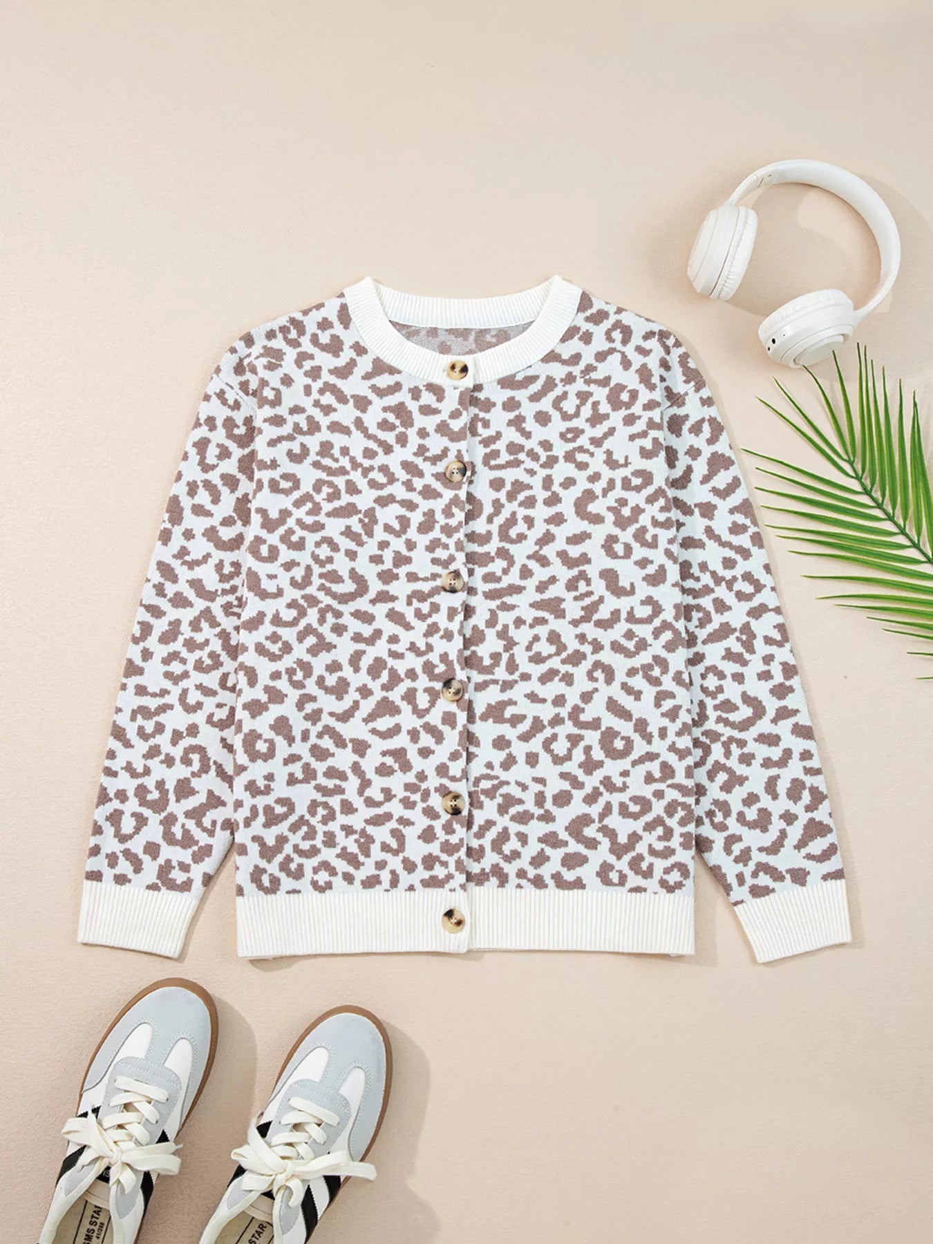 Leopard Drop Shoulder Chunky Knitted Cardigan 