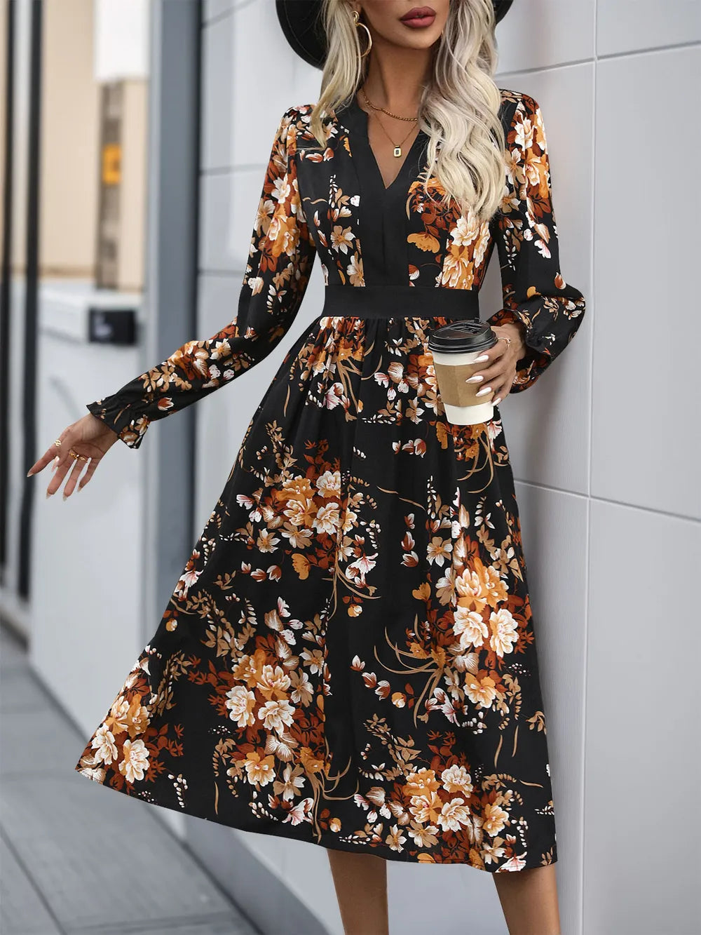 Perfee Printed Notched Long Sleeve Midi Dress 