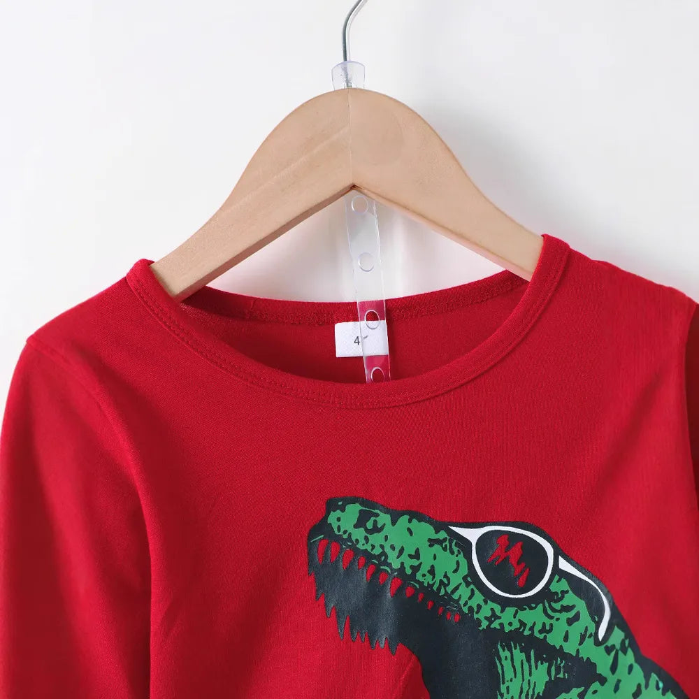 Dinosaur Round Neck Long Sleeve Top and Distressed Pants Set 