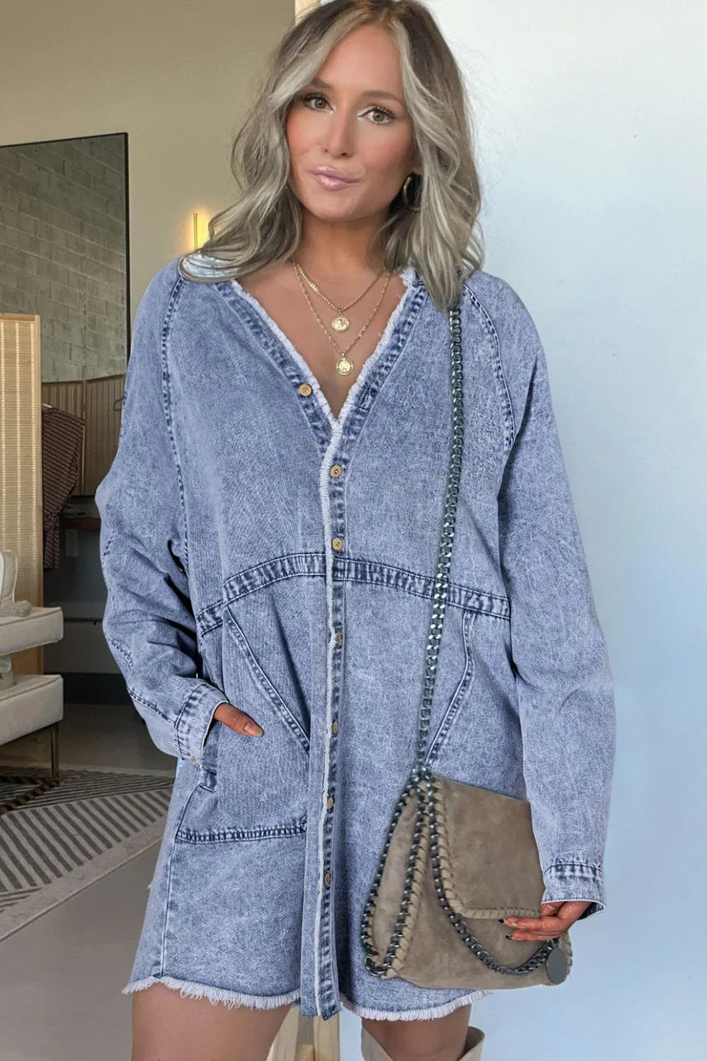 Raw Hem Button Down Long Sleeve Denim Dress 