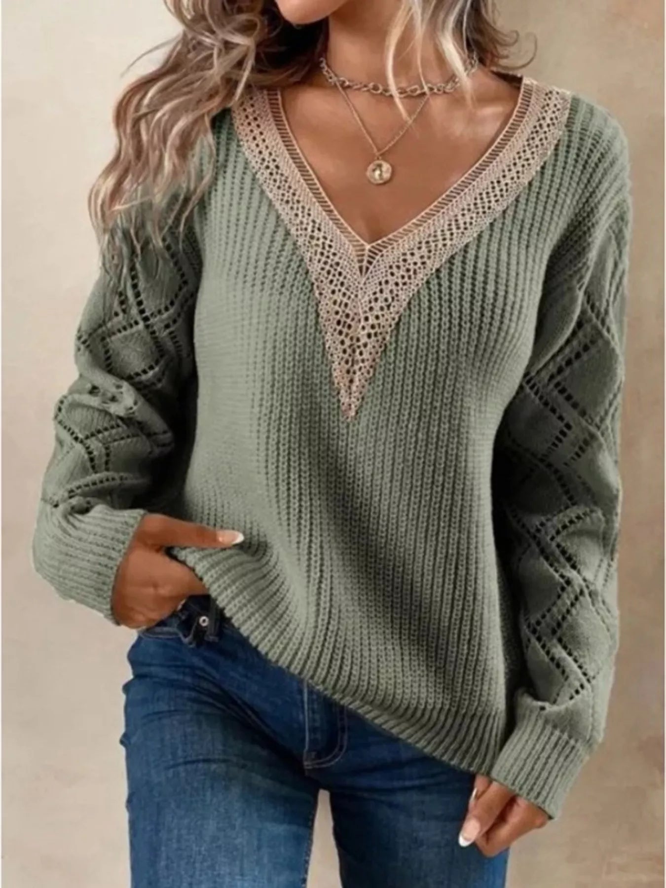Openwork V-Neck Long Sleeve Sweater 