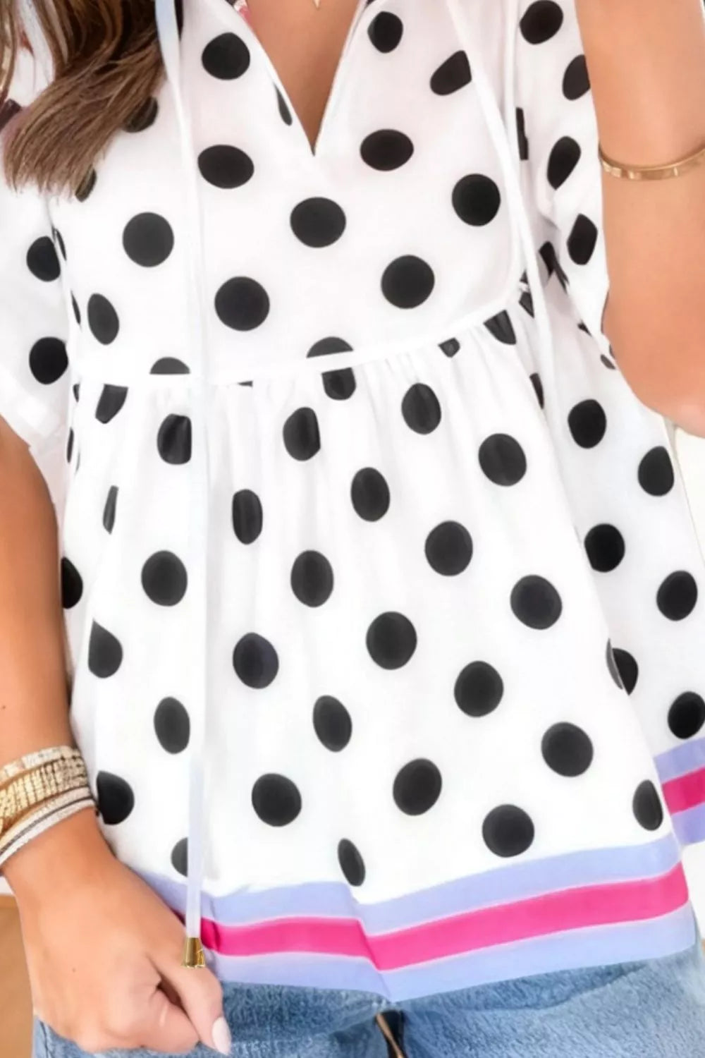 Polka Dot Print Tie-Neck Blouse 