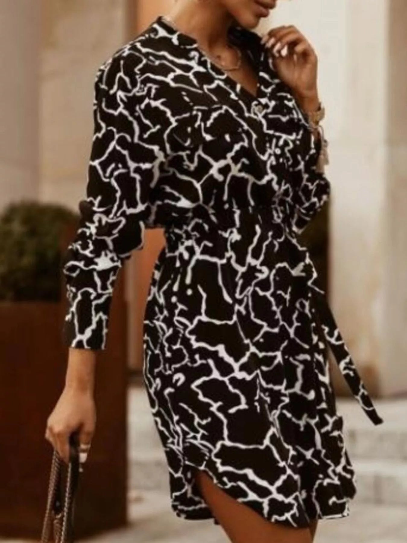 Printed Button Front Long Sleeve Dress 