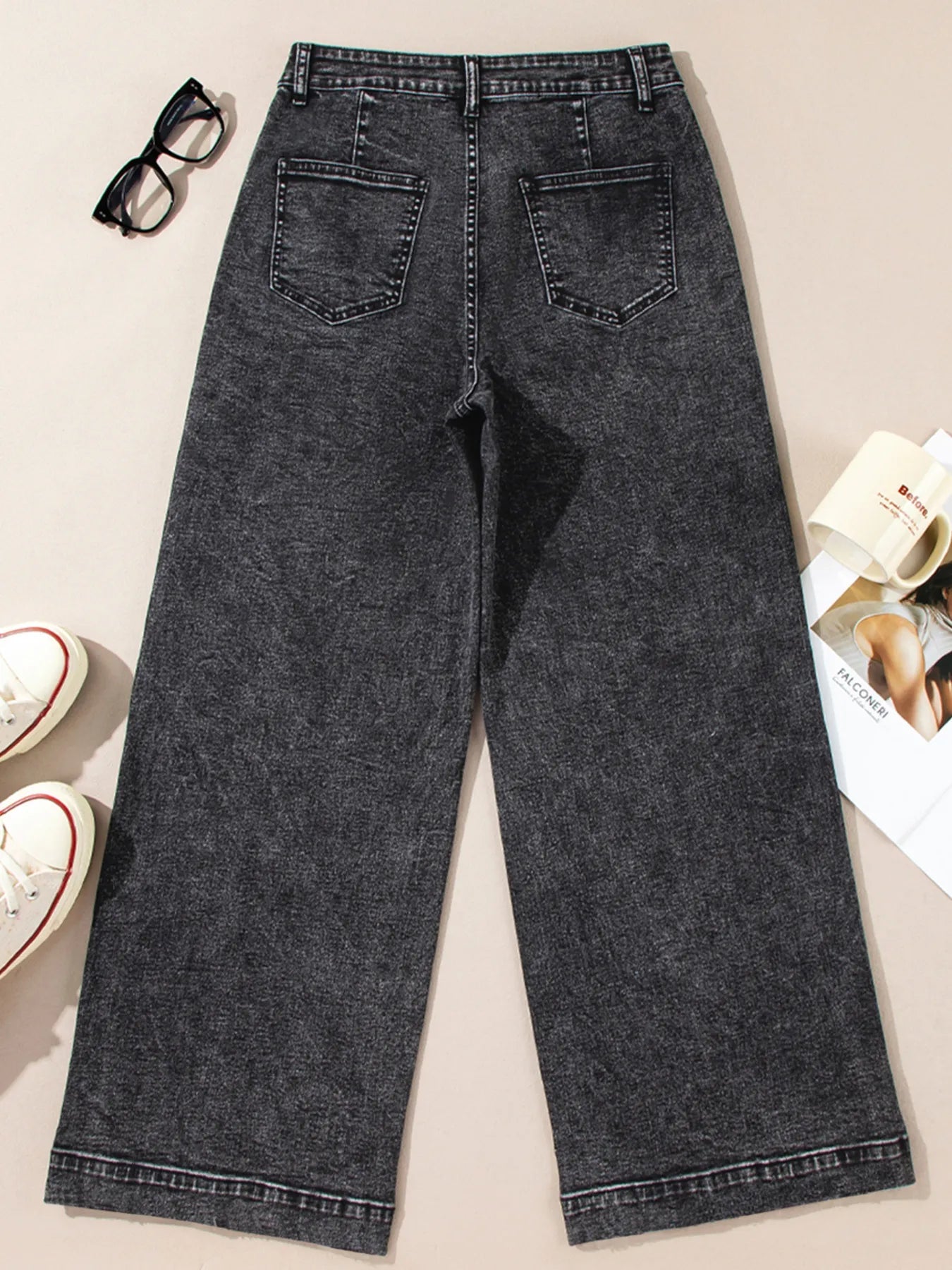 High-Waisted Wide Leg Washed Jeans 