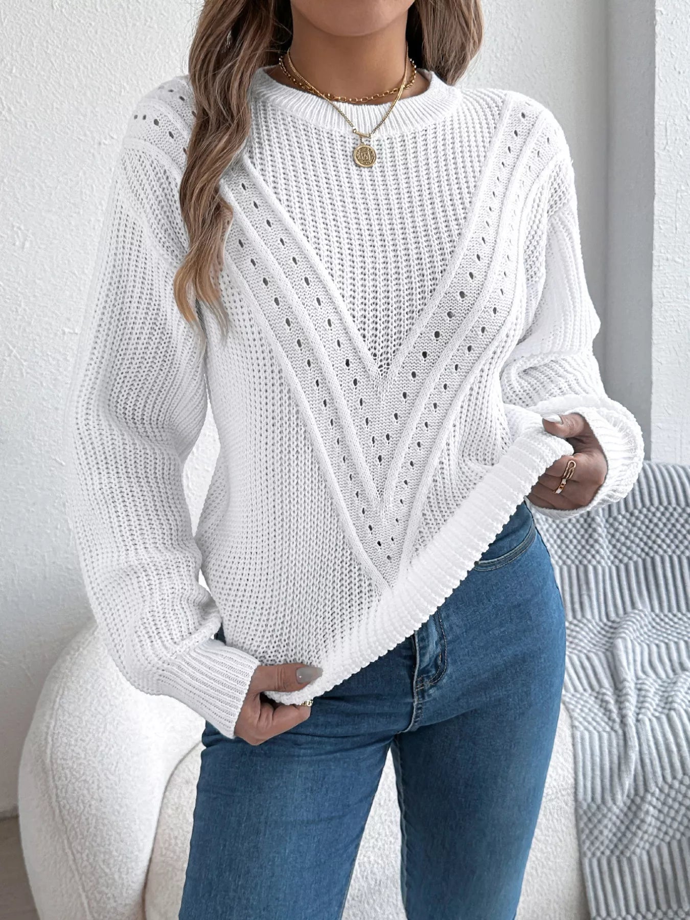 Openwork Round Neck Sweater 