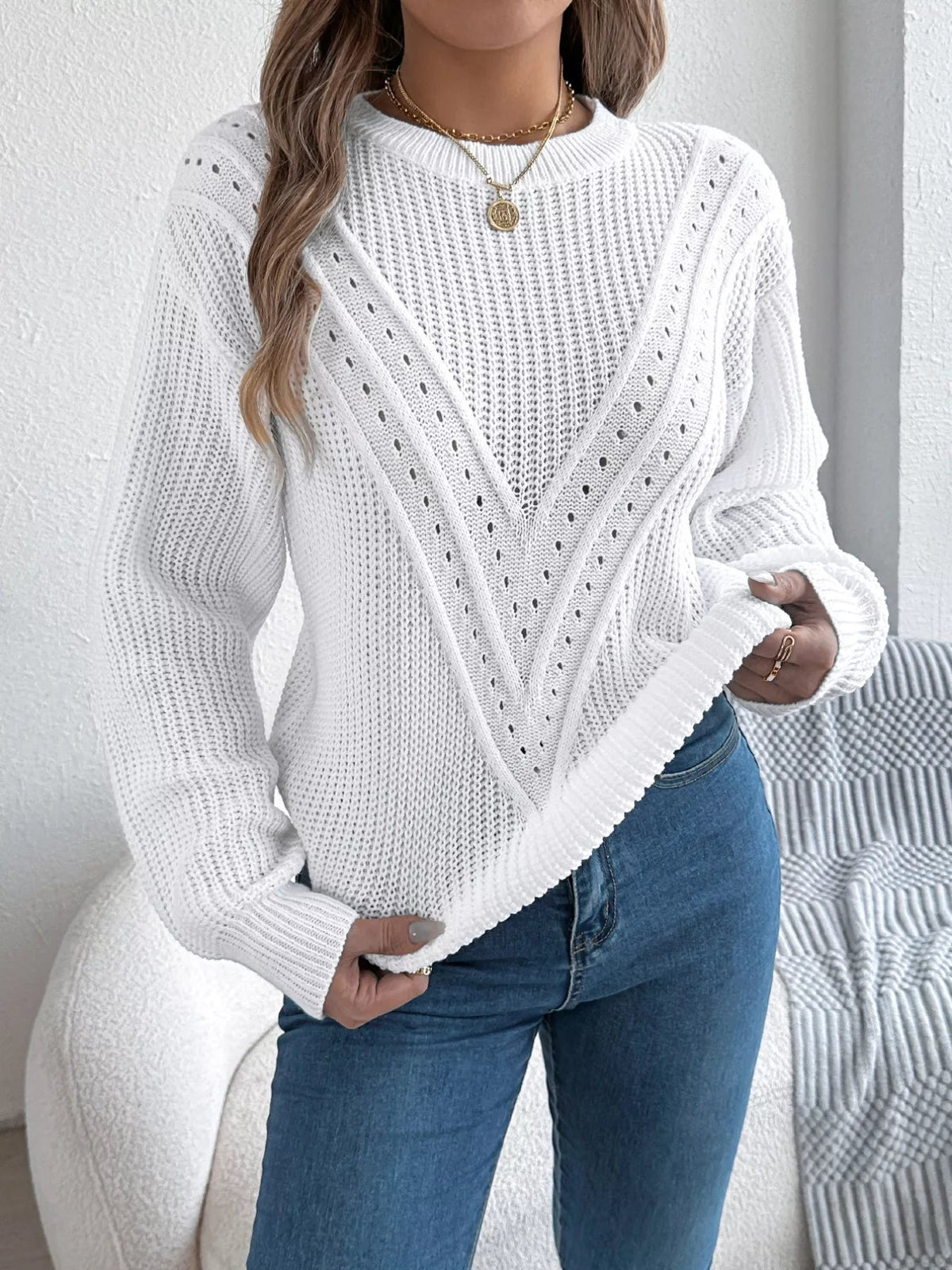 Openwork Round Neck Sweater 
