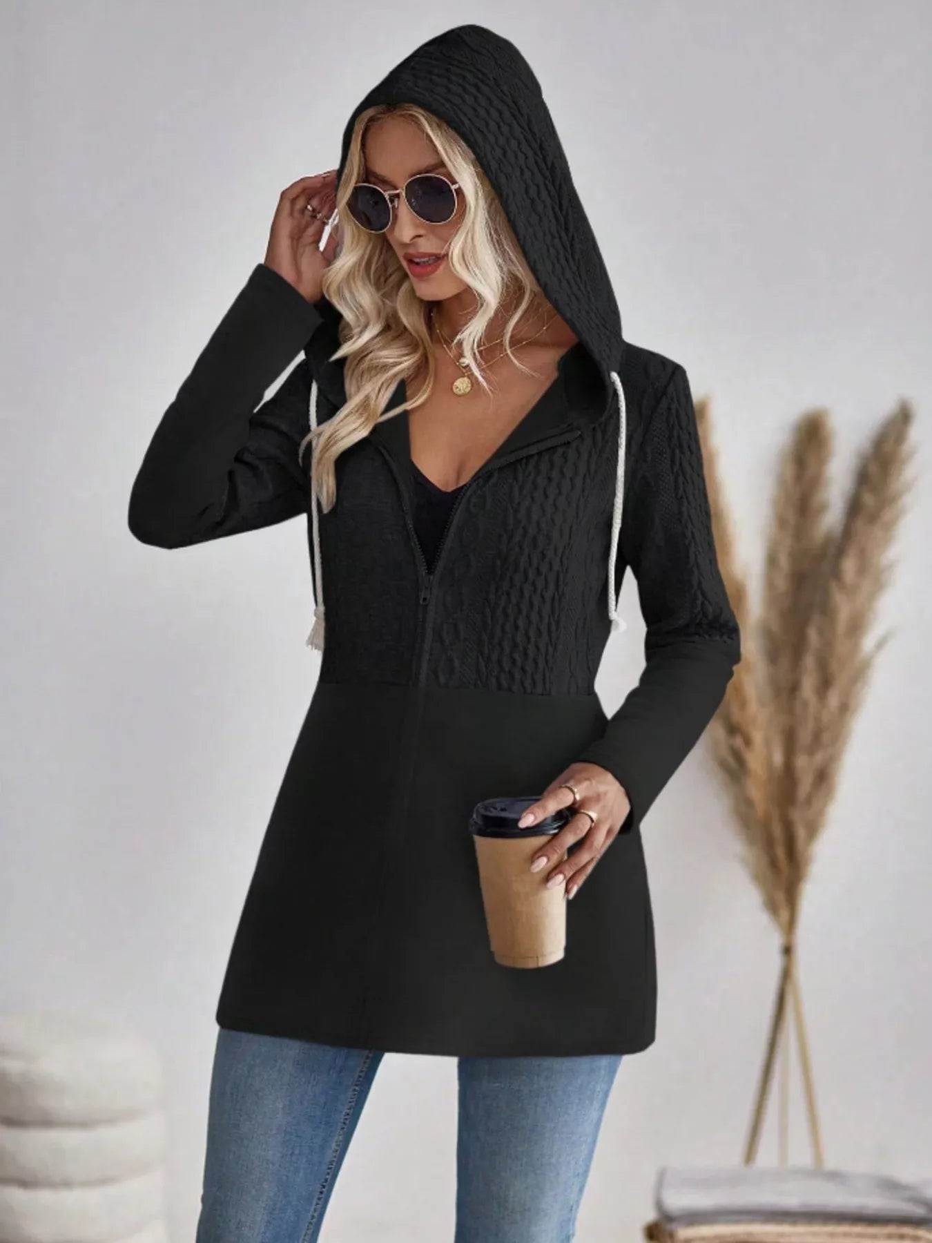 Drawstring Textured Zip Up Drawstring Hooded Jacket 