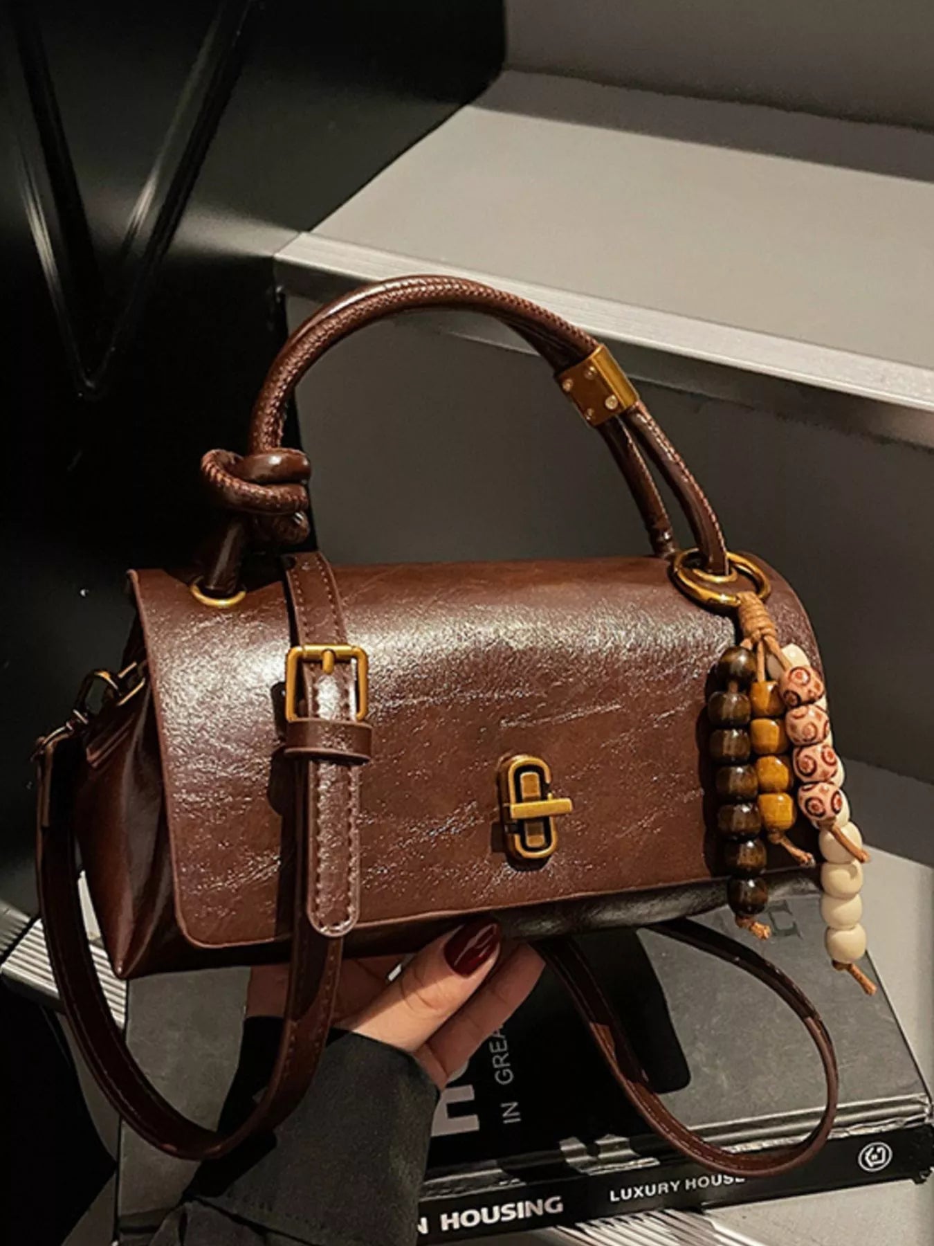 Leather Crossbody Bag with Bead Charm 