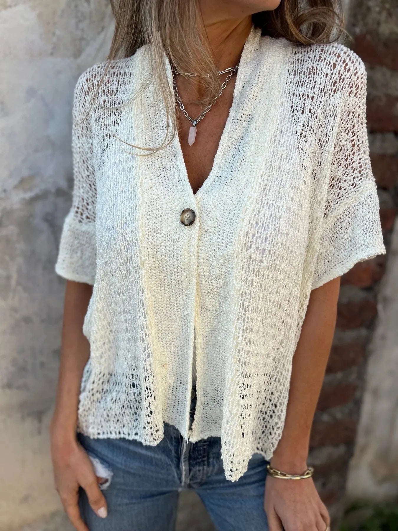 Full Size One Button Half Sleeve Cardigan Plus Size 