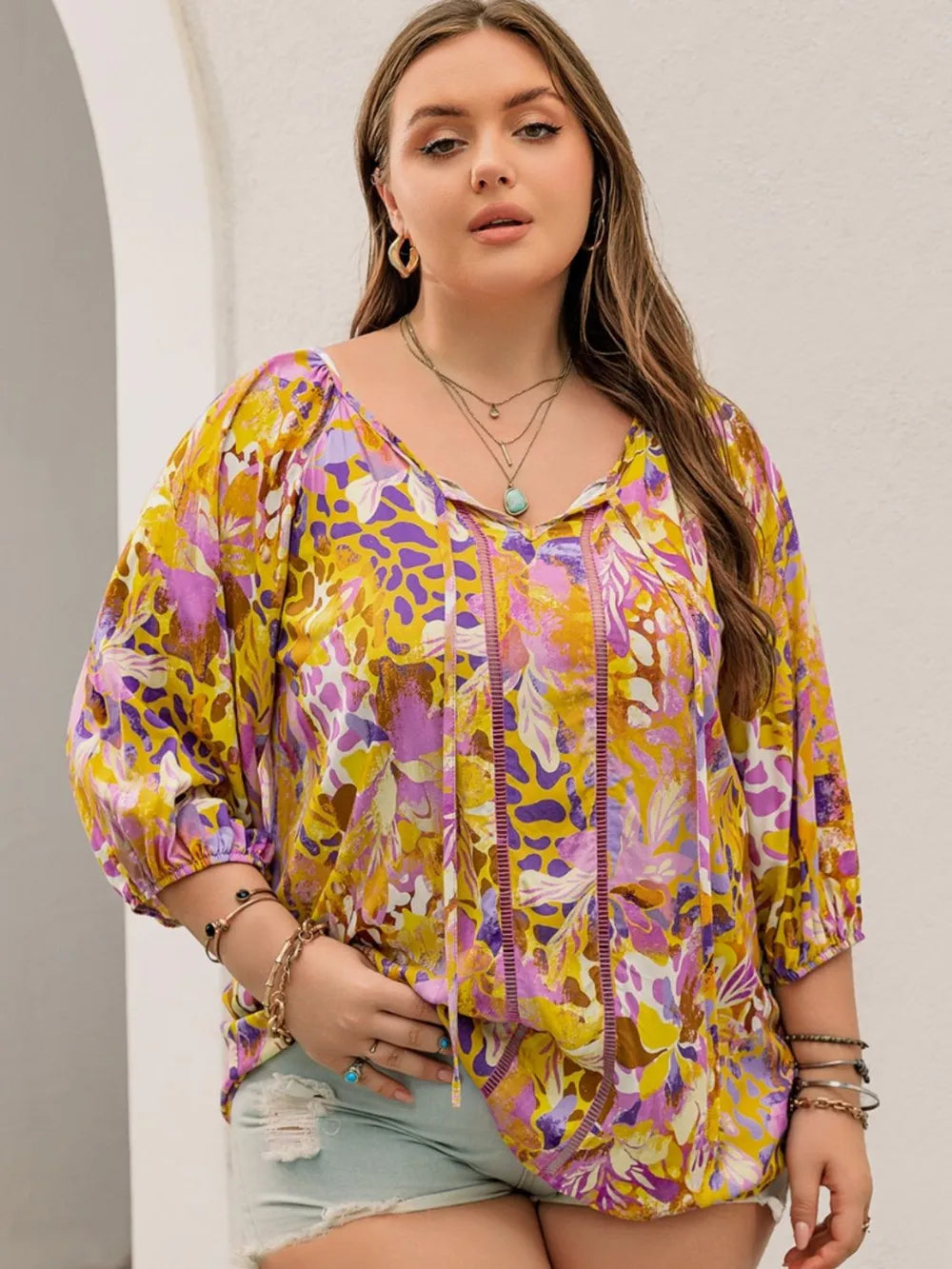 Plus Size Printed Tie Neck Blouse 