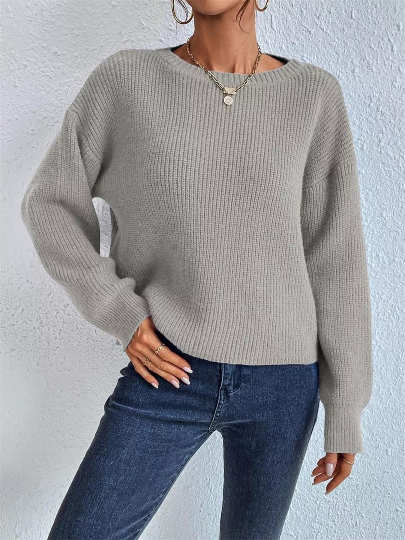 Ribbed Knit Dropped Shoulder Sweater 