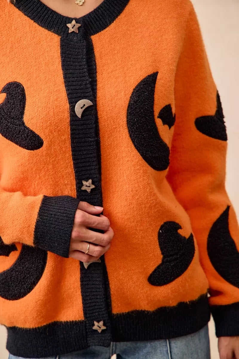 BiBi Halloween Witch Hat Moon Bat Artwork Cardigan 