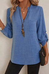 Casual Roll-Up Sleeve Notched Blouse 