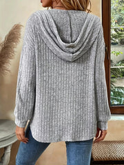 Casual Ribbed Button Detail Hoodie 