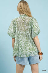 Umgee Abstract Print Ruffled Puff Sleeve Top 