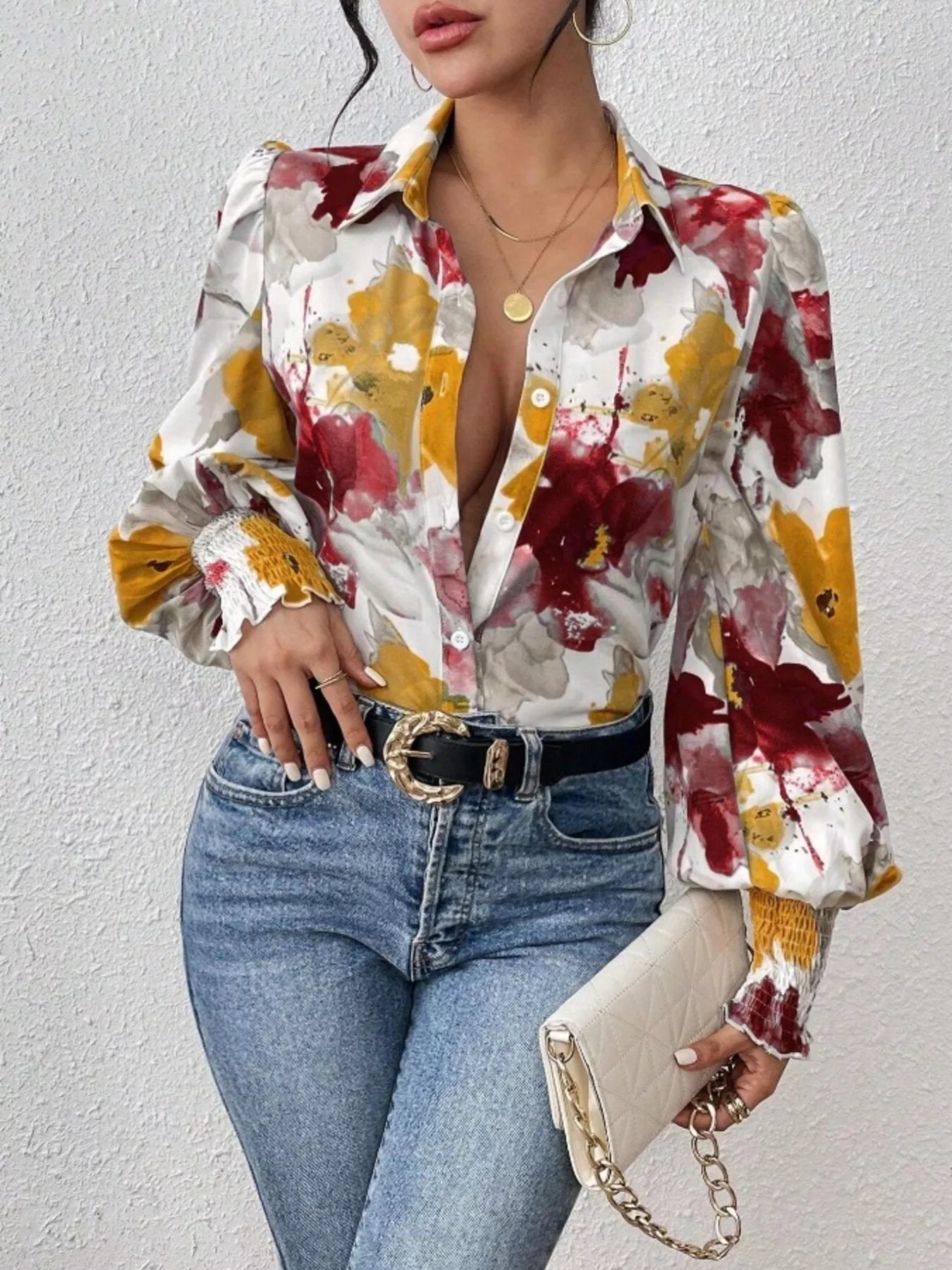 Printed Button Up Lantern Sleeve Shirt 