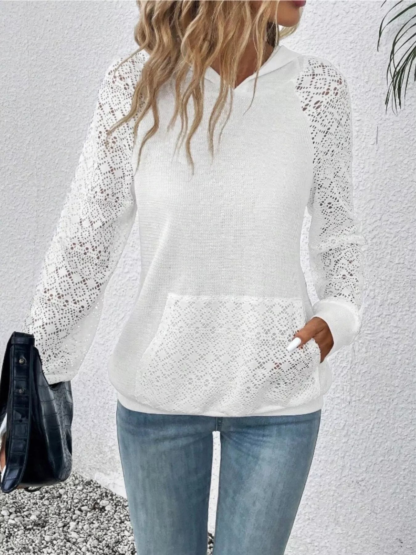 Lace Sleeve Kangaroo Pocket Hoodie 