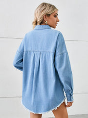 Distressed Raw Hem Dropped Shoulder Denim Jacket 