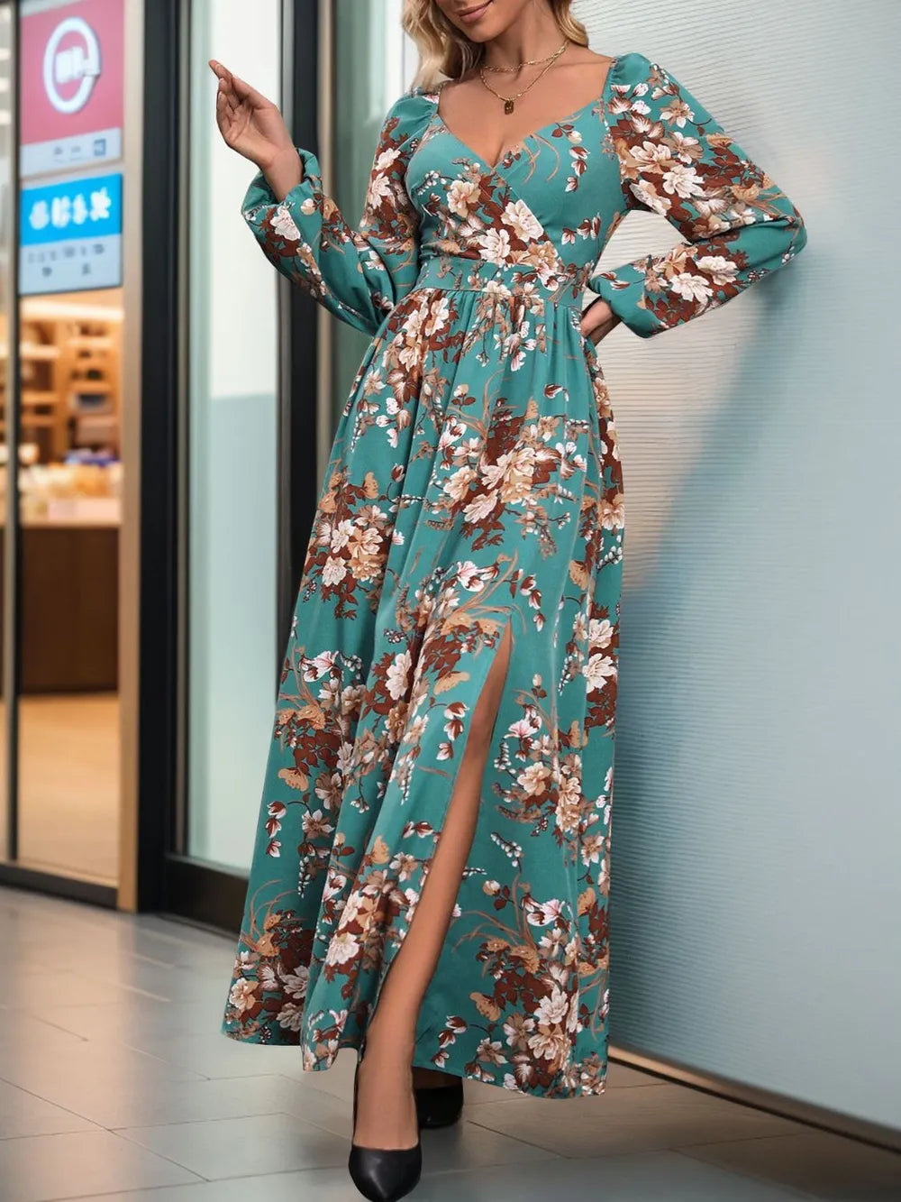 Perfee Slit Printed Surplice Long Sleeve Maxi Dress 