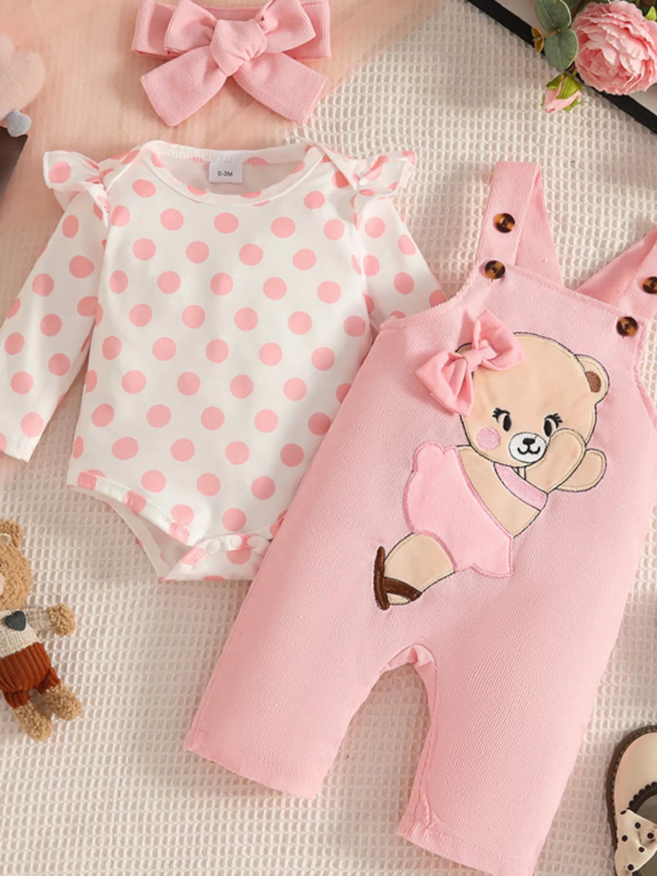 Children's Polka Dot Top and Overalls Set with Headband 