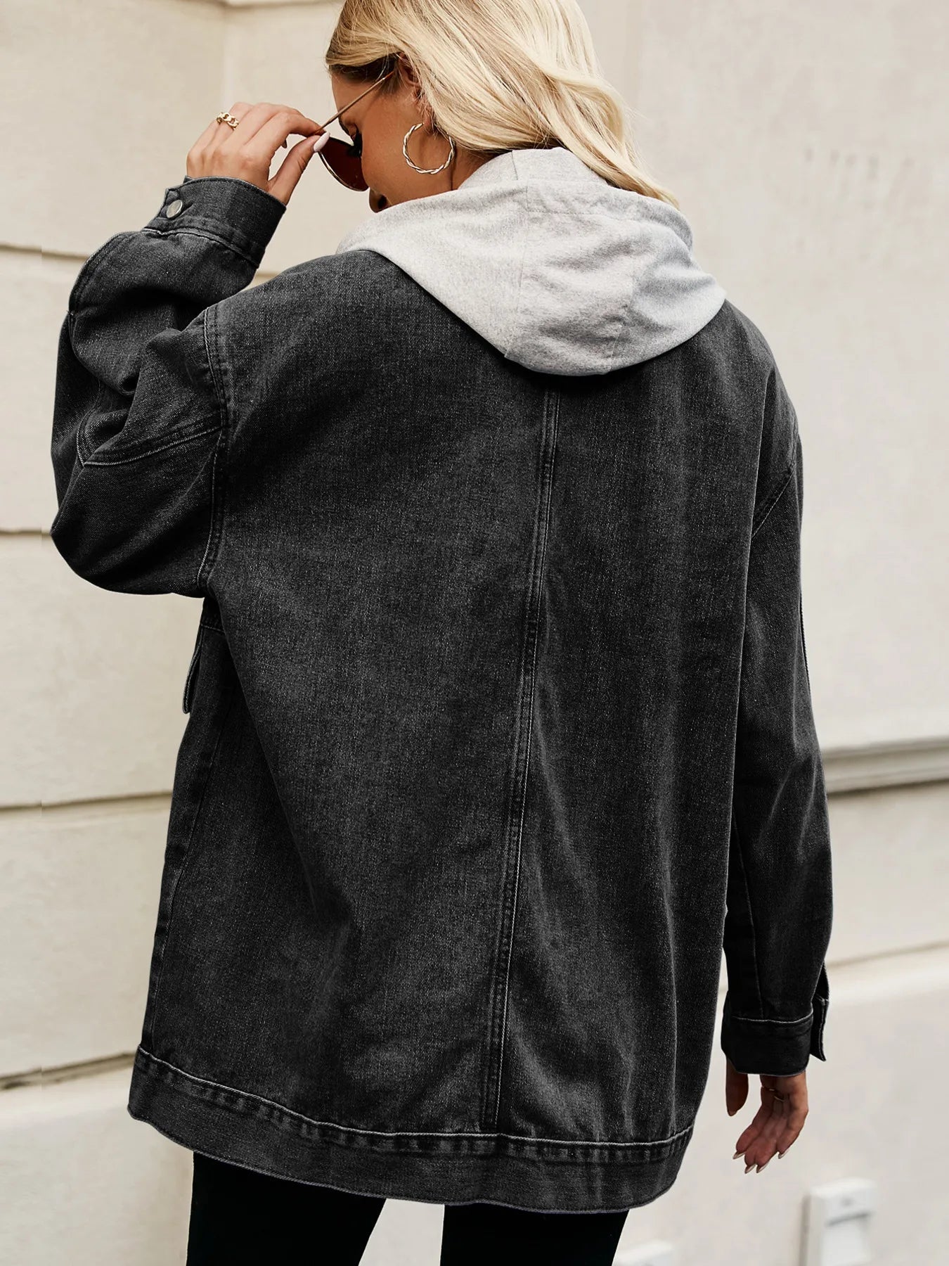 Oversized Button Up Denim Jacket with Hood 