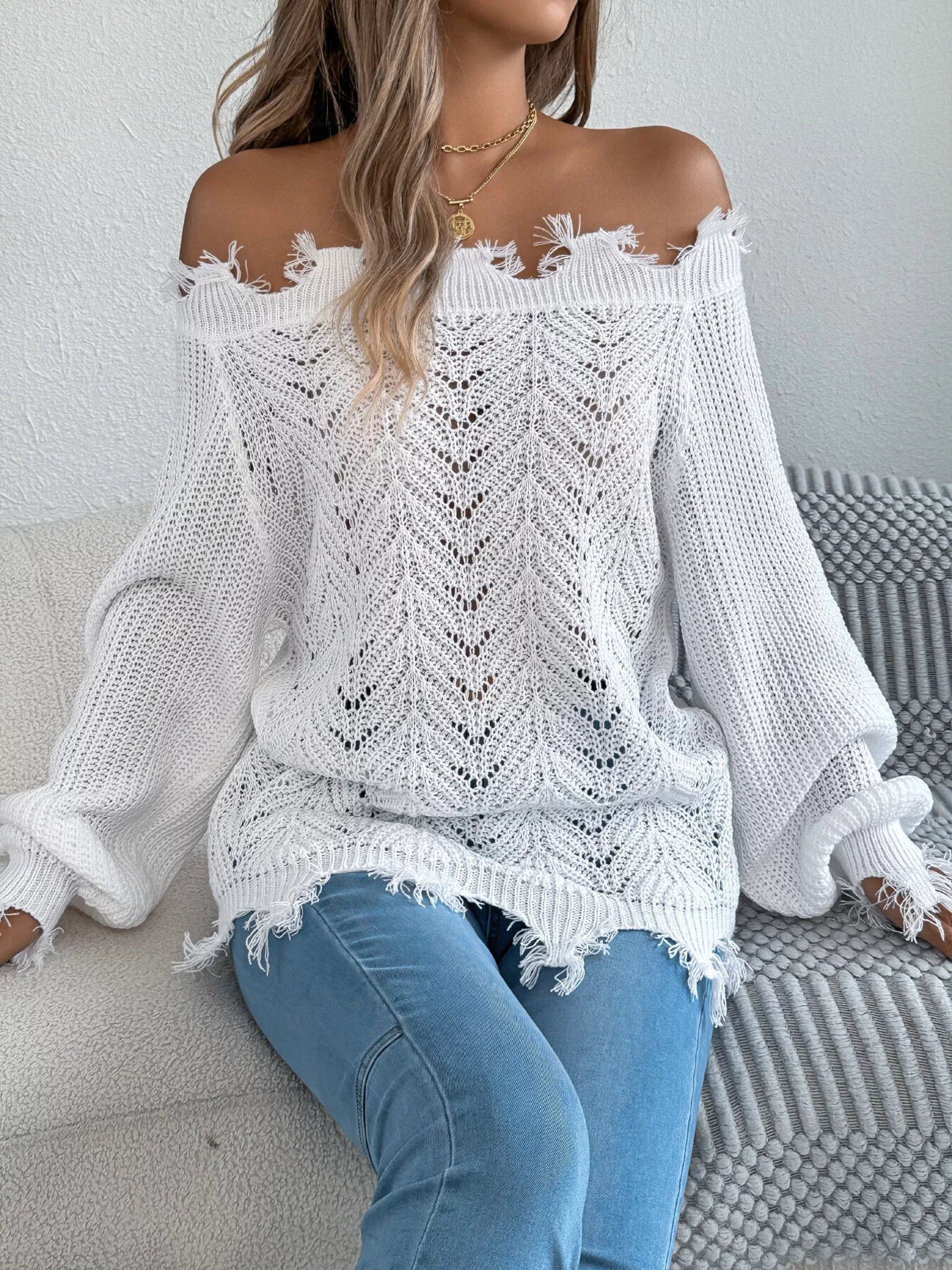 Distressed Hem Openwork Off-Shoulder Sweater 