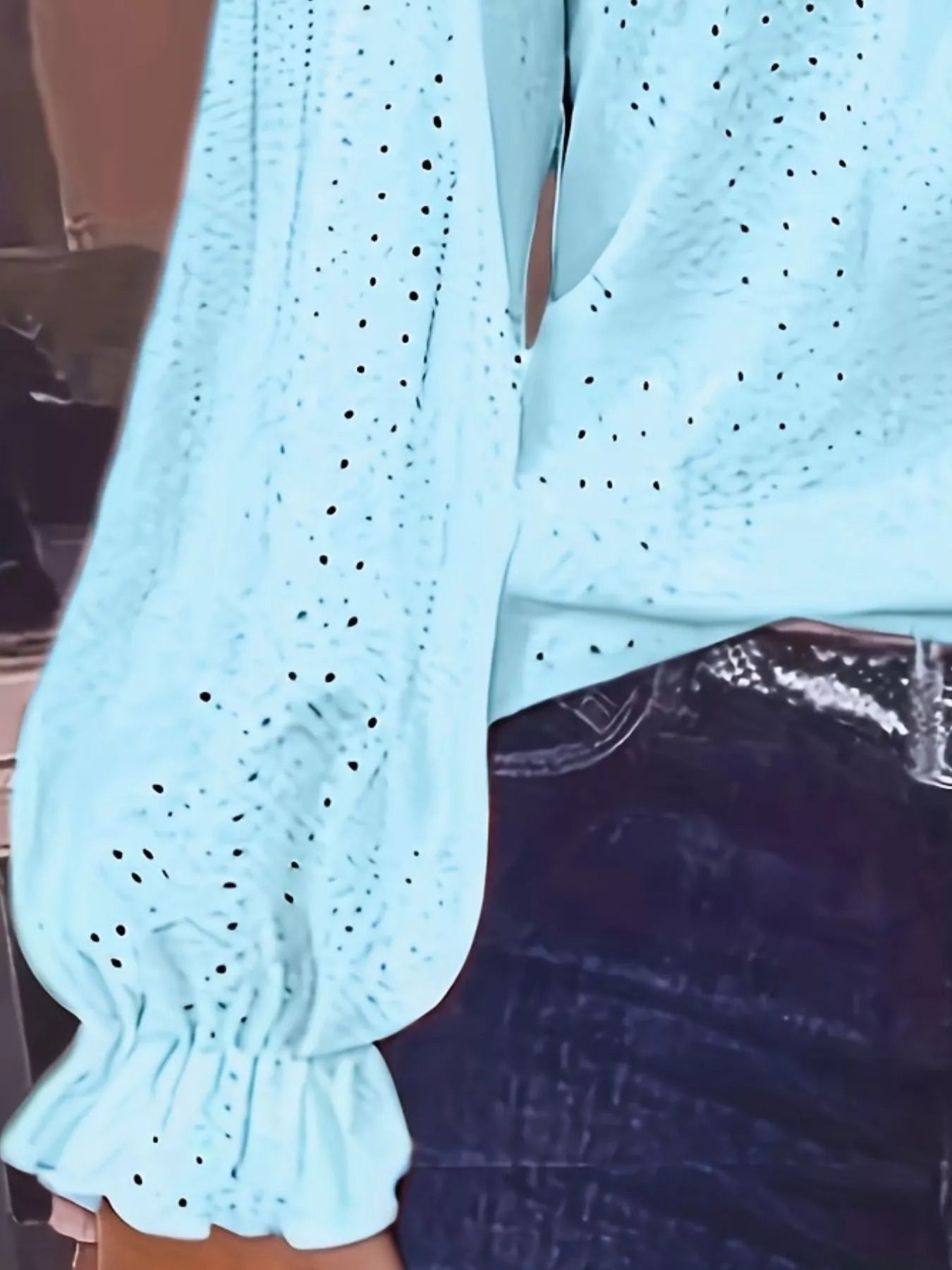 Plus Size Eyelet V-Neck Flounce Sleeve Blouse 