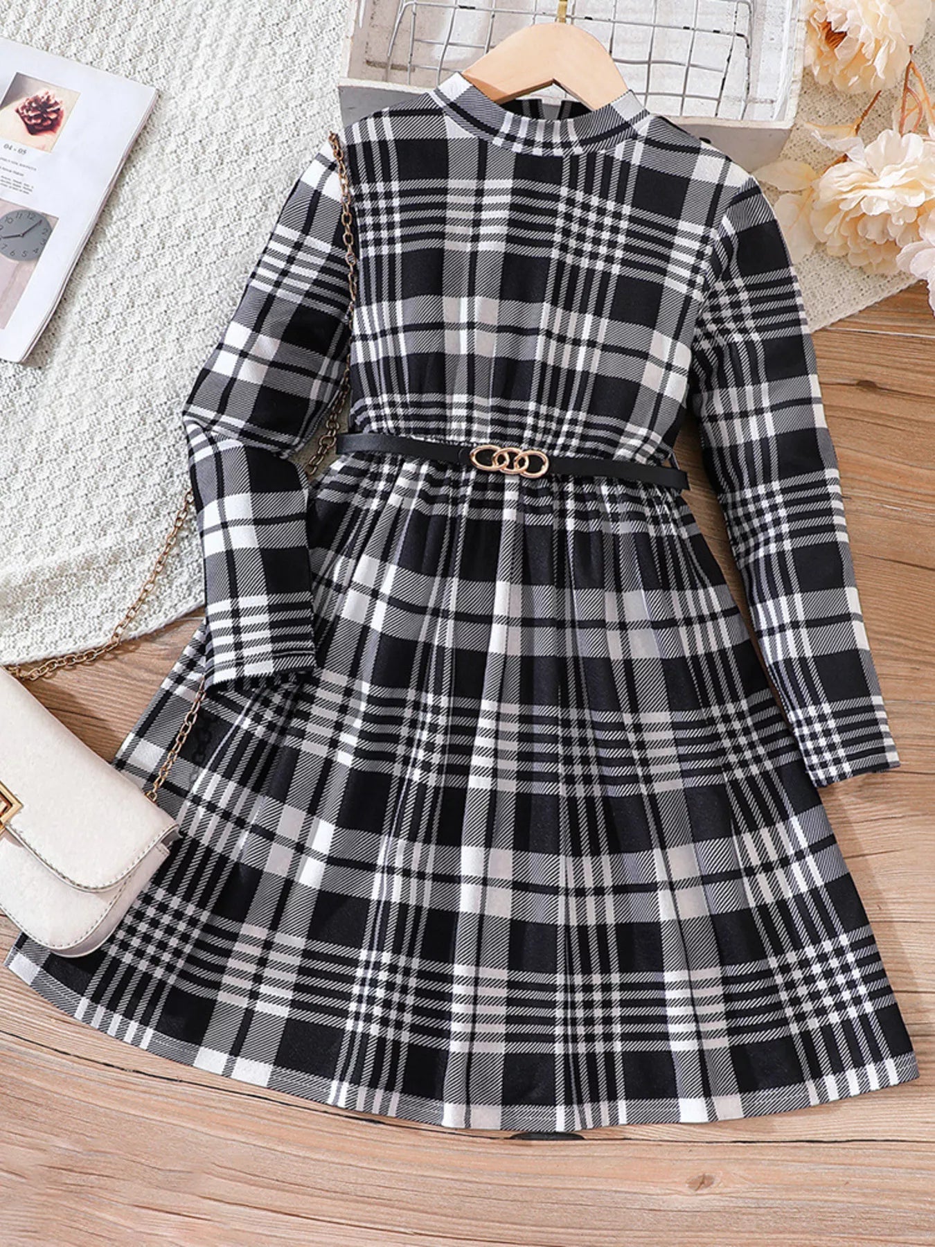 Children's Plaid Print Long Sleeve Dress 