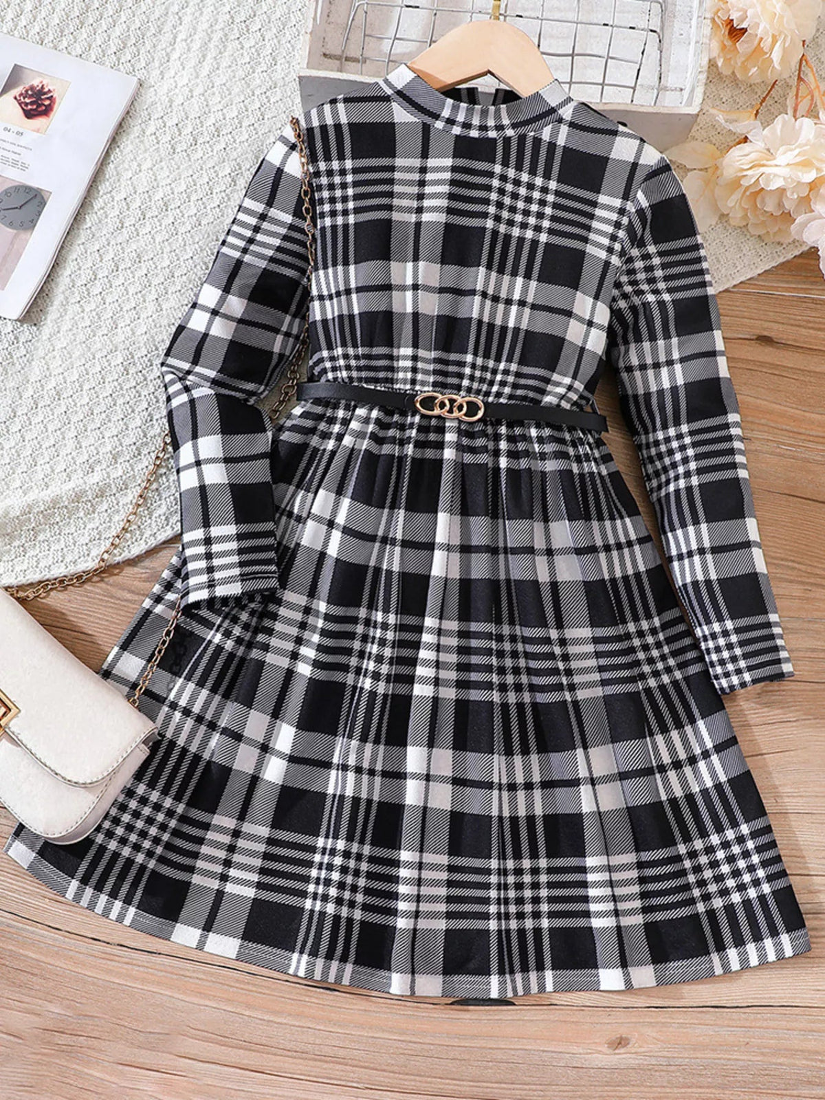 Children's Plaid Print Long Sleeve Dress 