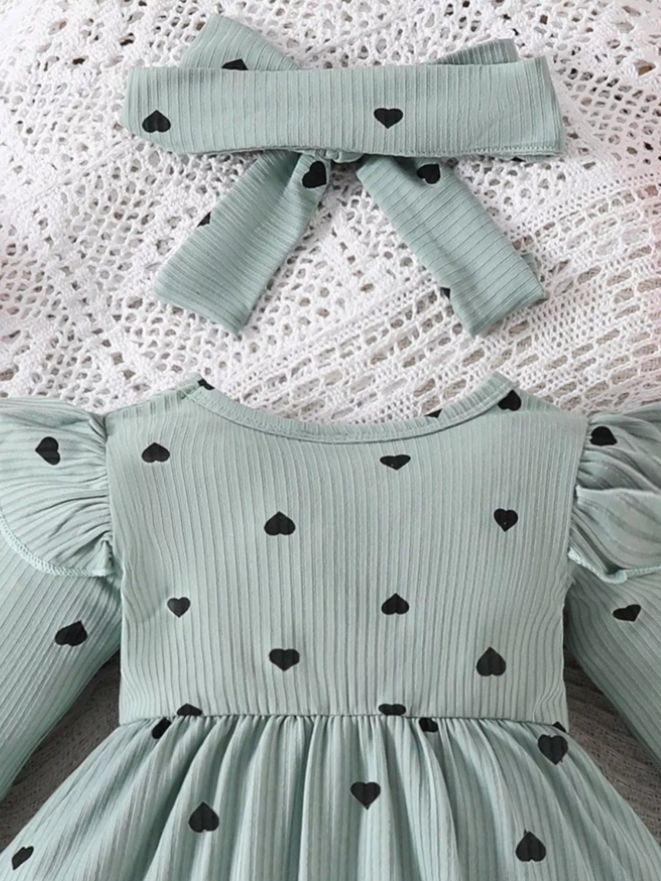 Children's Heart Print Ruffle Trim Bodysuit Dress with Headband 