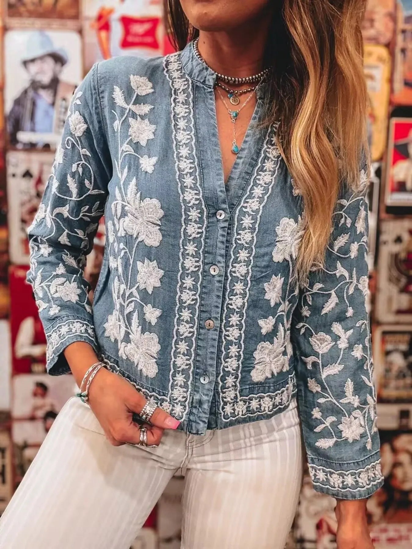 Floral Embroidered Button Up Denim Shirt 