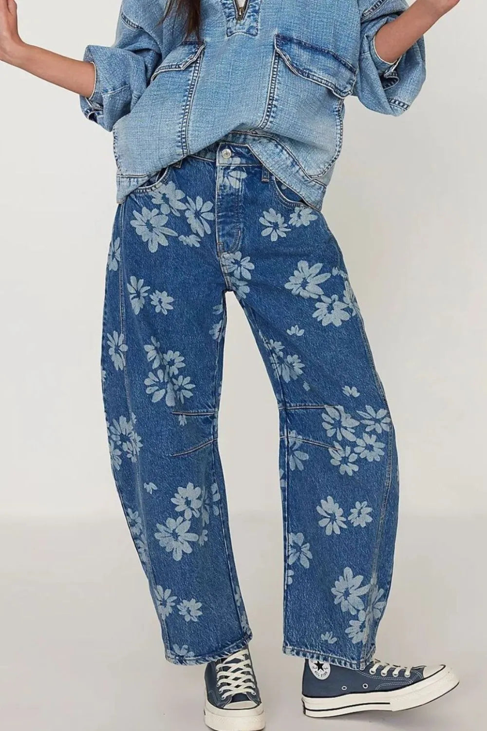 Flower Print Wide Leg Jeans 