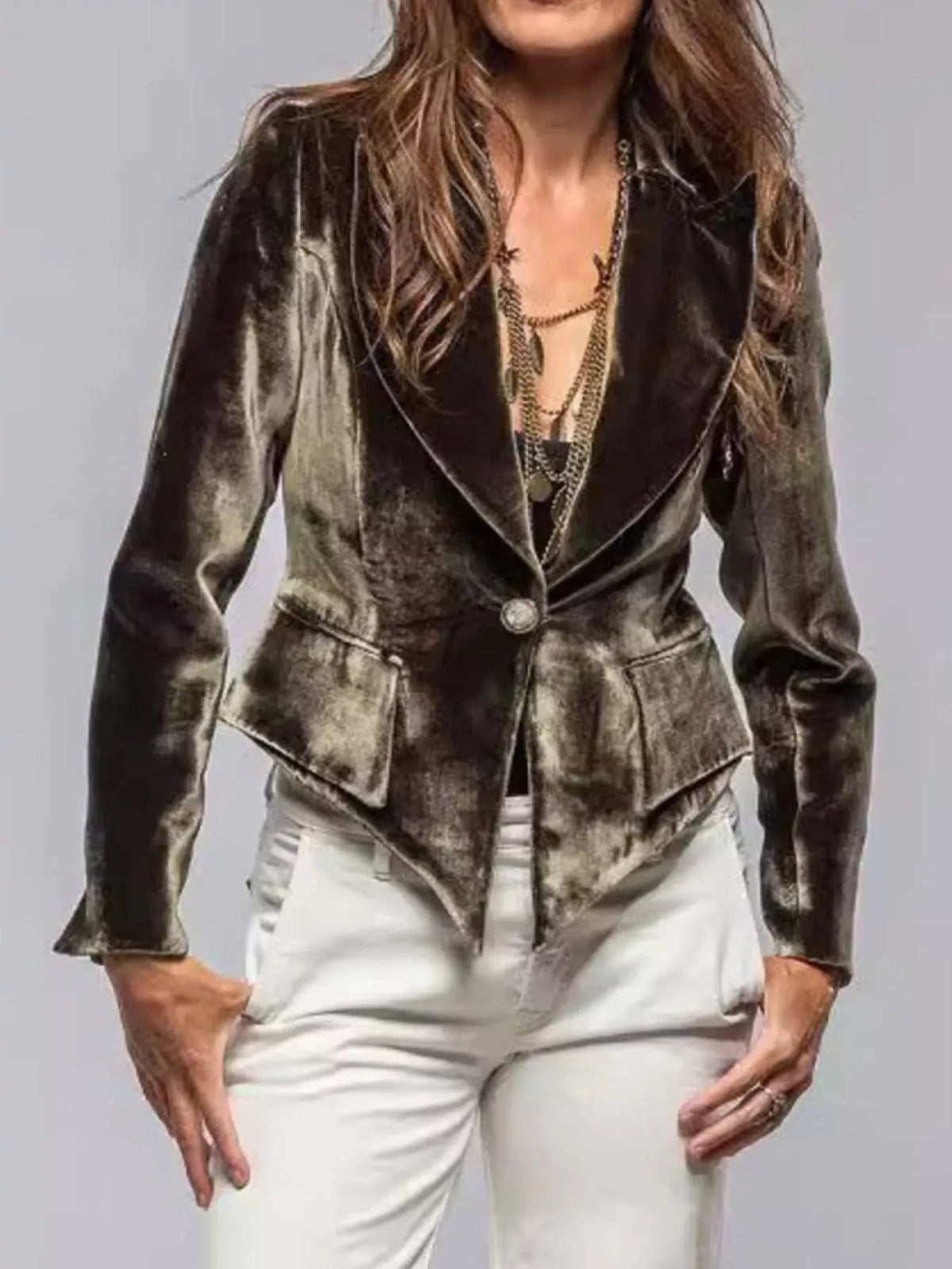 Velvet Lapel Collar One Button Blazer 