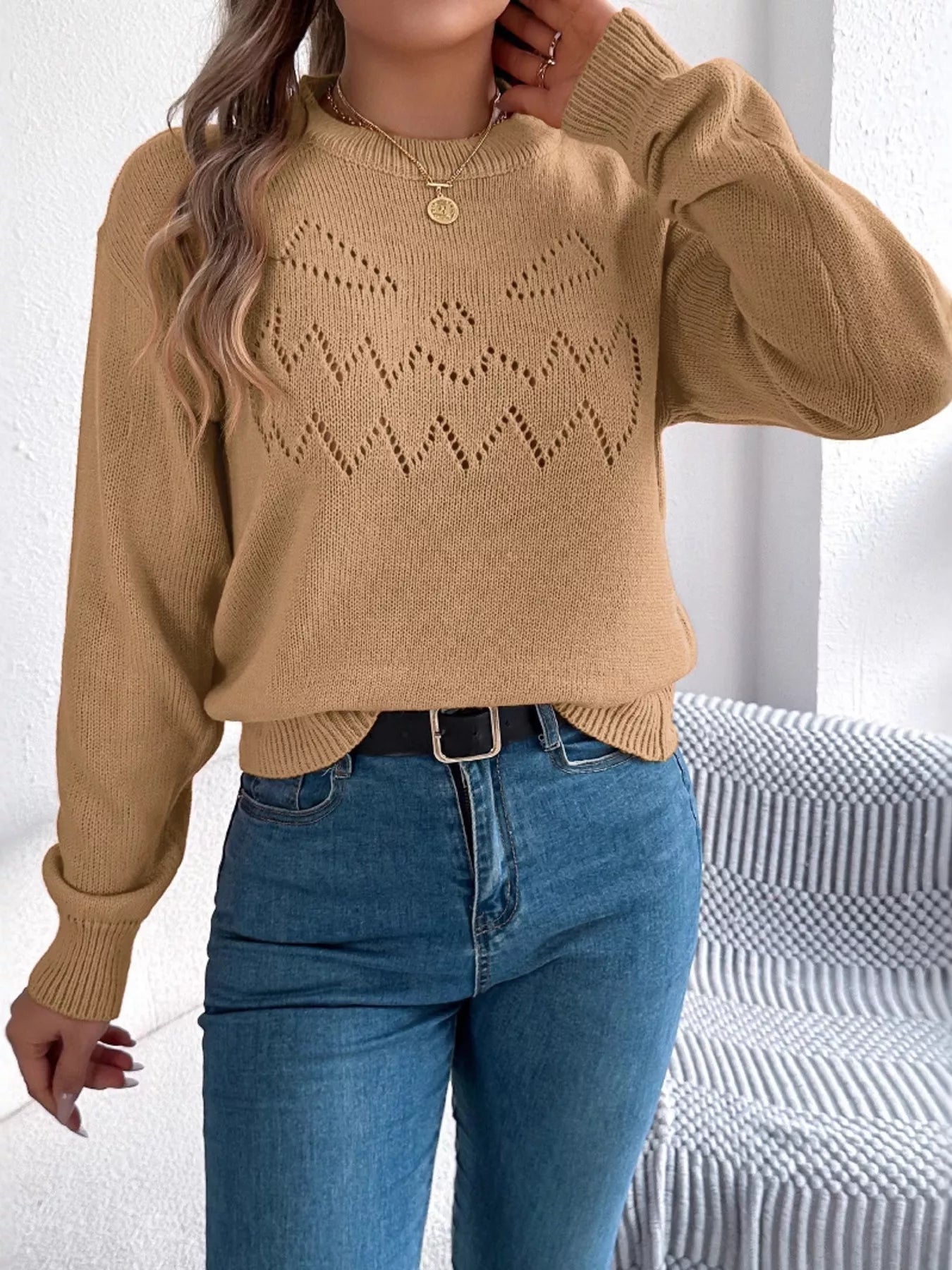 Openwork Round Neck Long Sleeve Sweater 