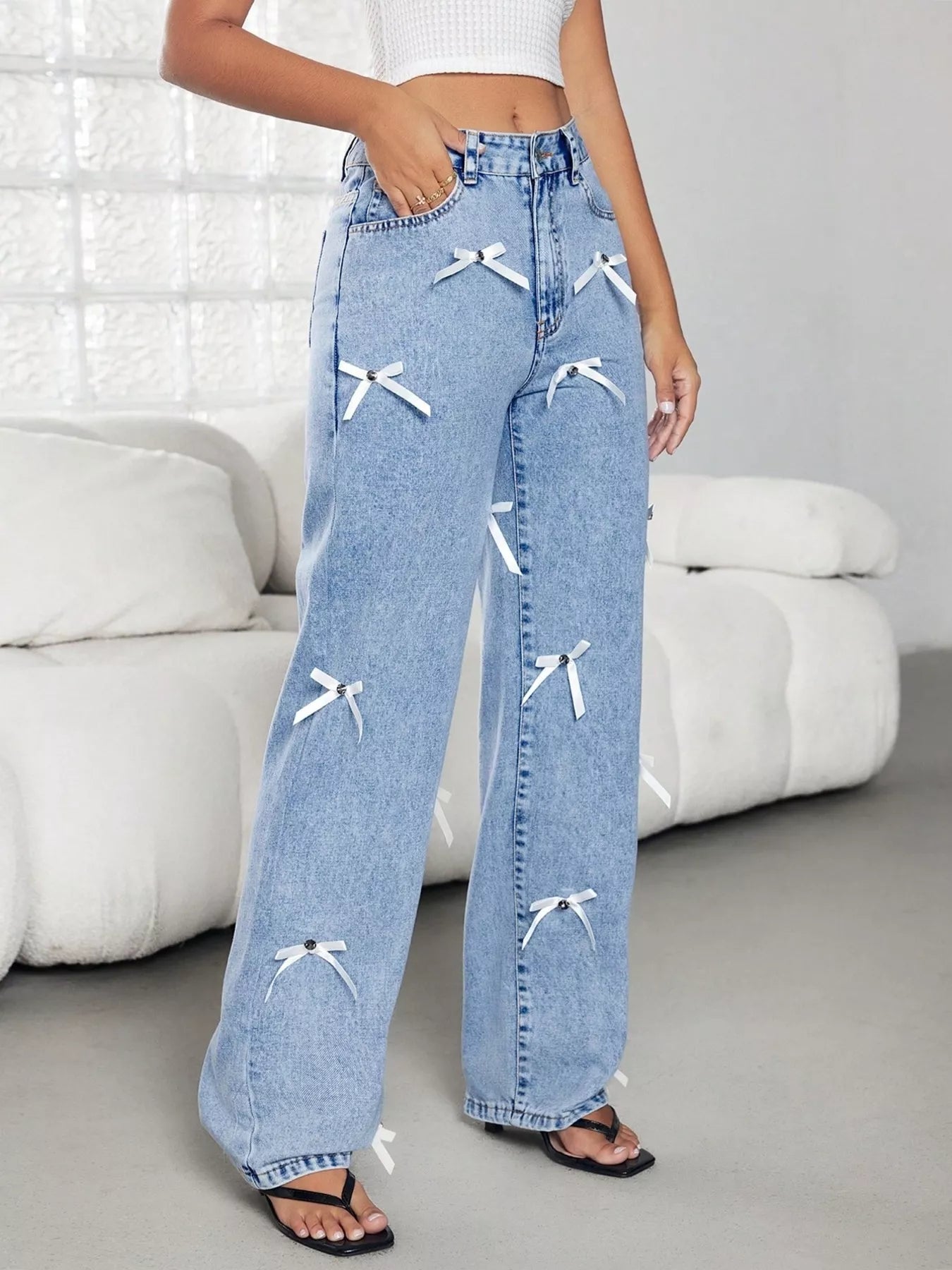 Bow Decor High Waist Wide Leg Jeans 