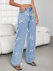 Bow Decor High Waist Wide Leg Jeans 
