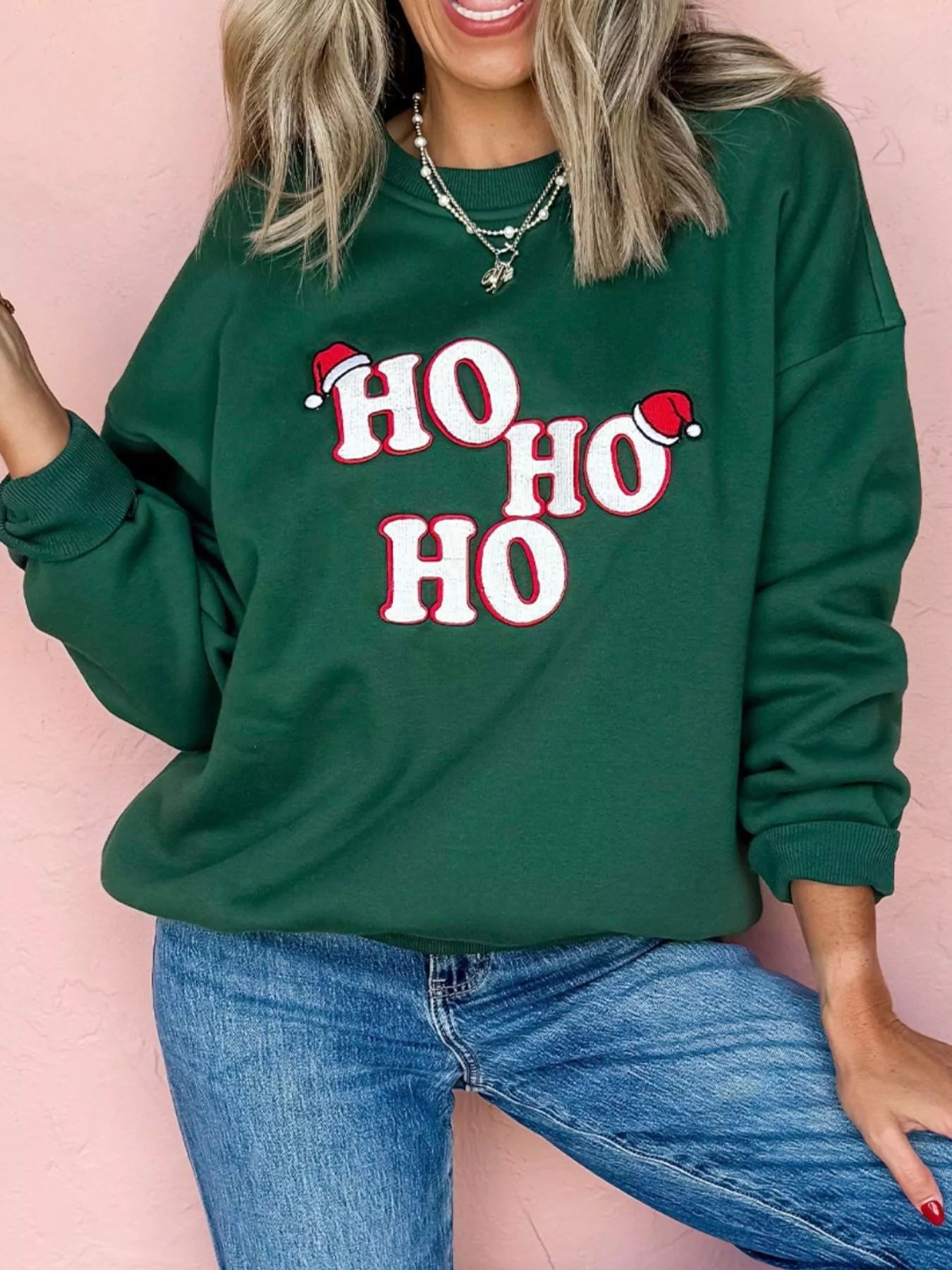 Embroidered Letter Christmas Round Neck Sweatshirt 