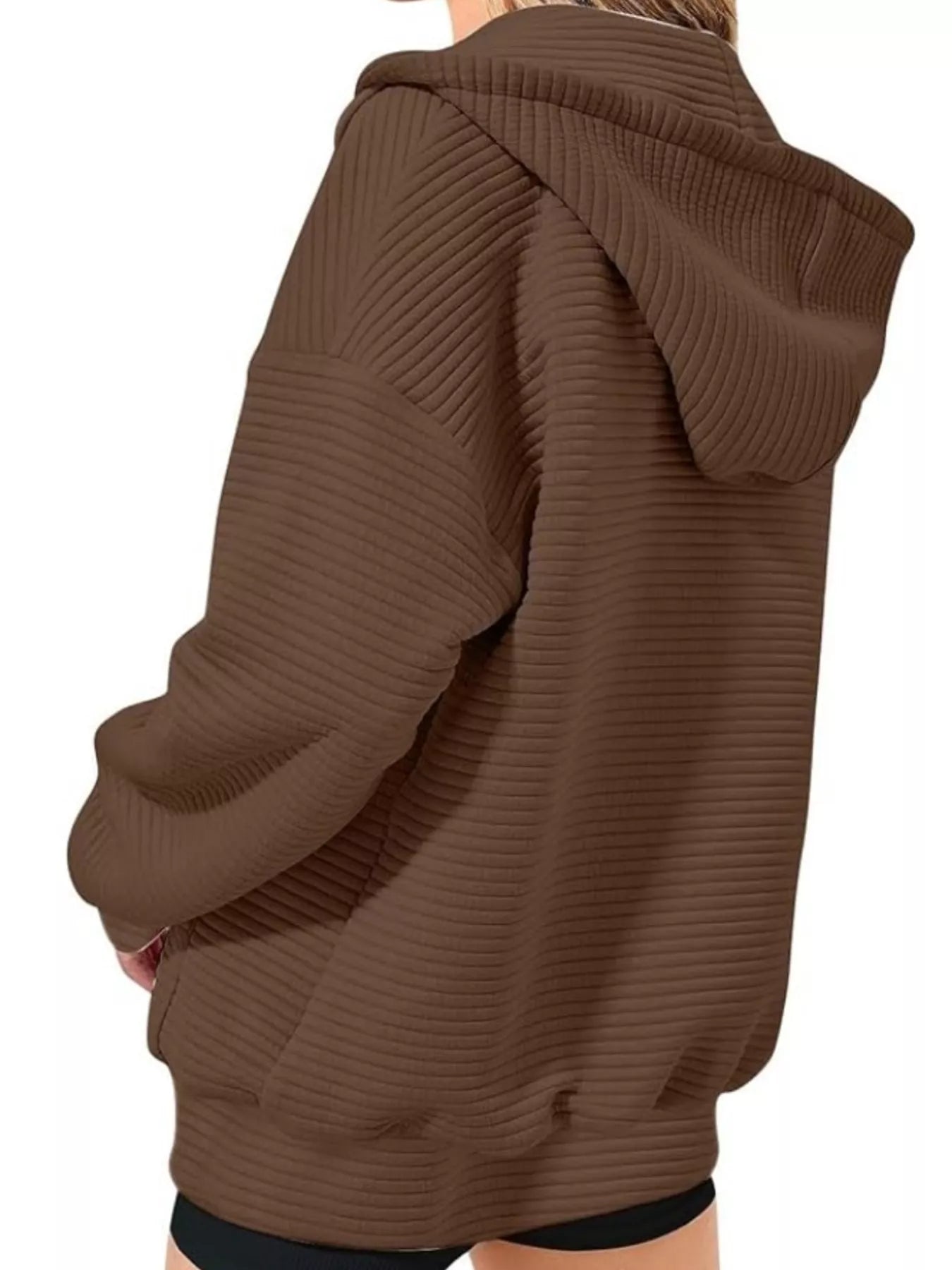 Drawstring Zip Up Dropped Shoulder Hoodie 