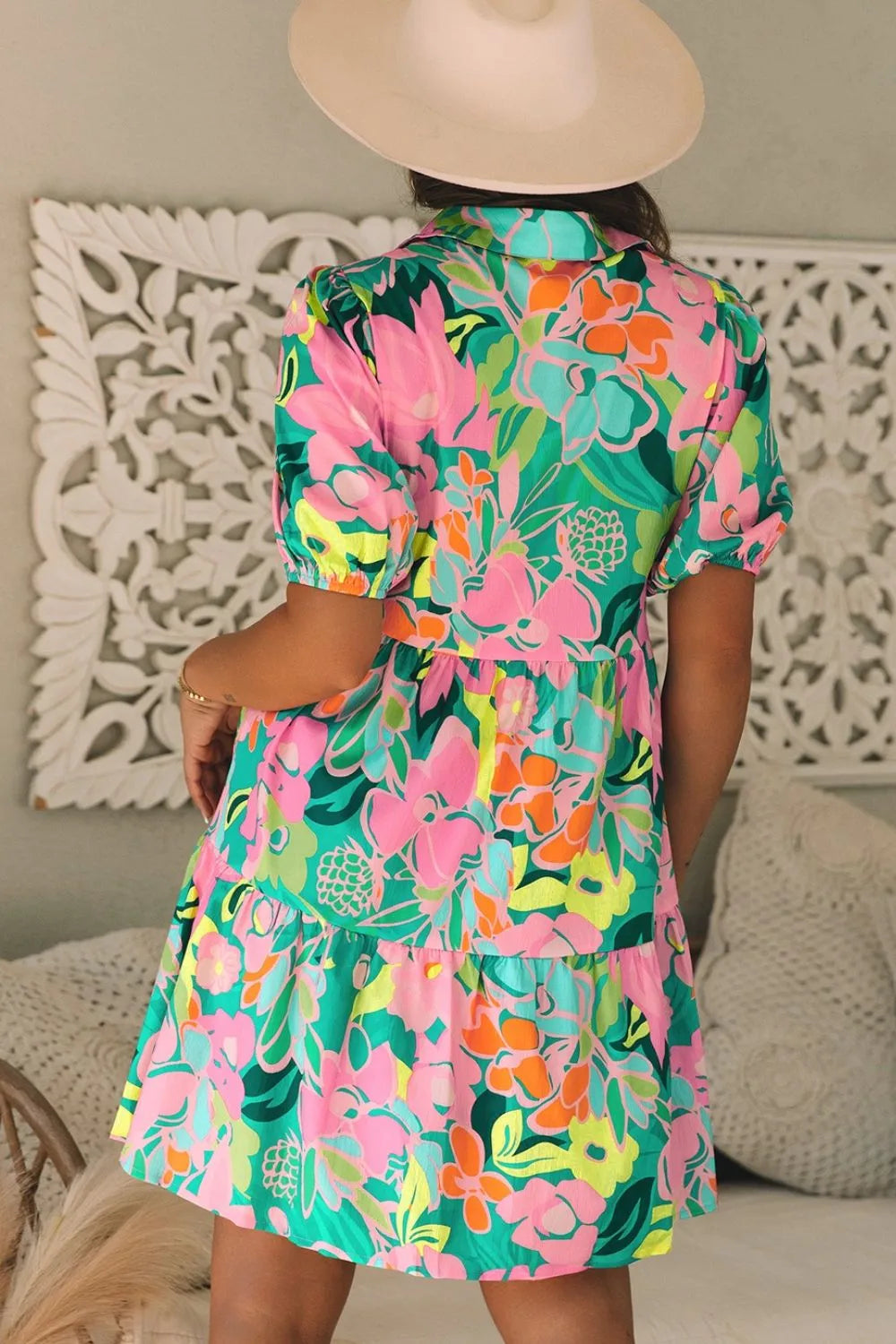 Button Down Floral Puff Sleeve Babydoll Dress 