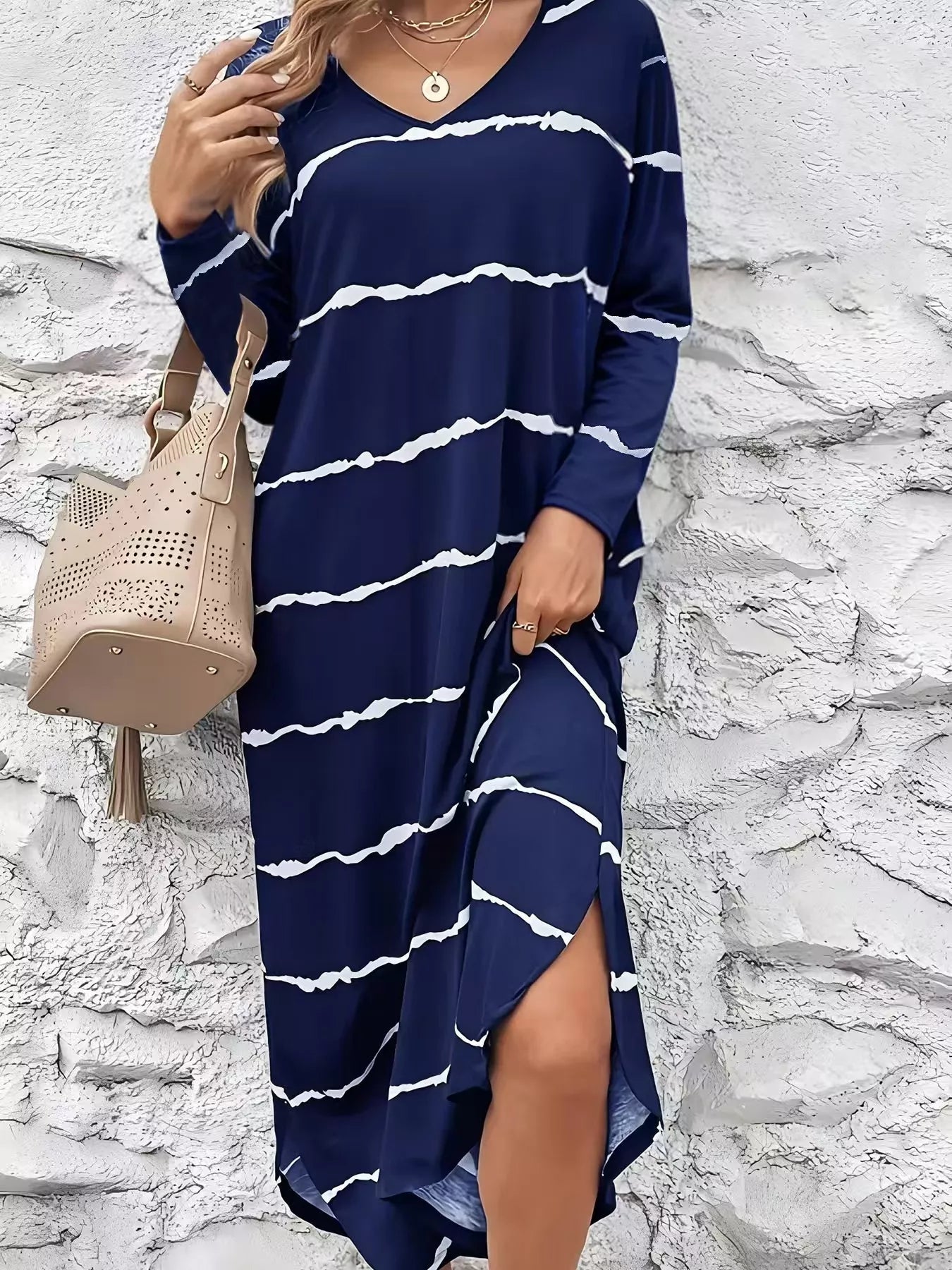 Striped V-Neck Long Sleeve Dress 