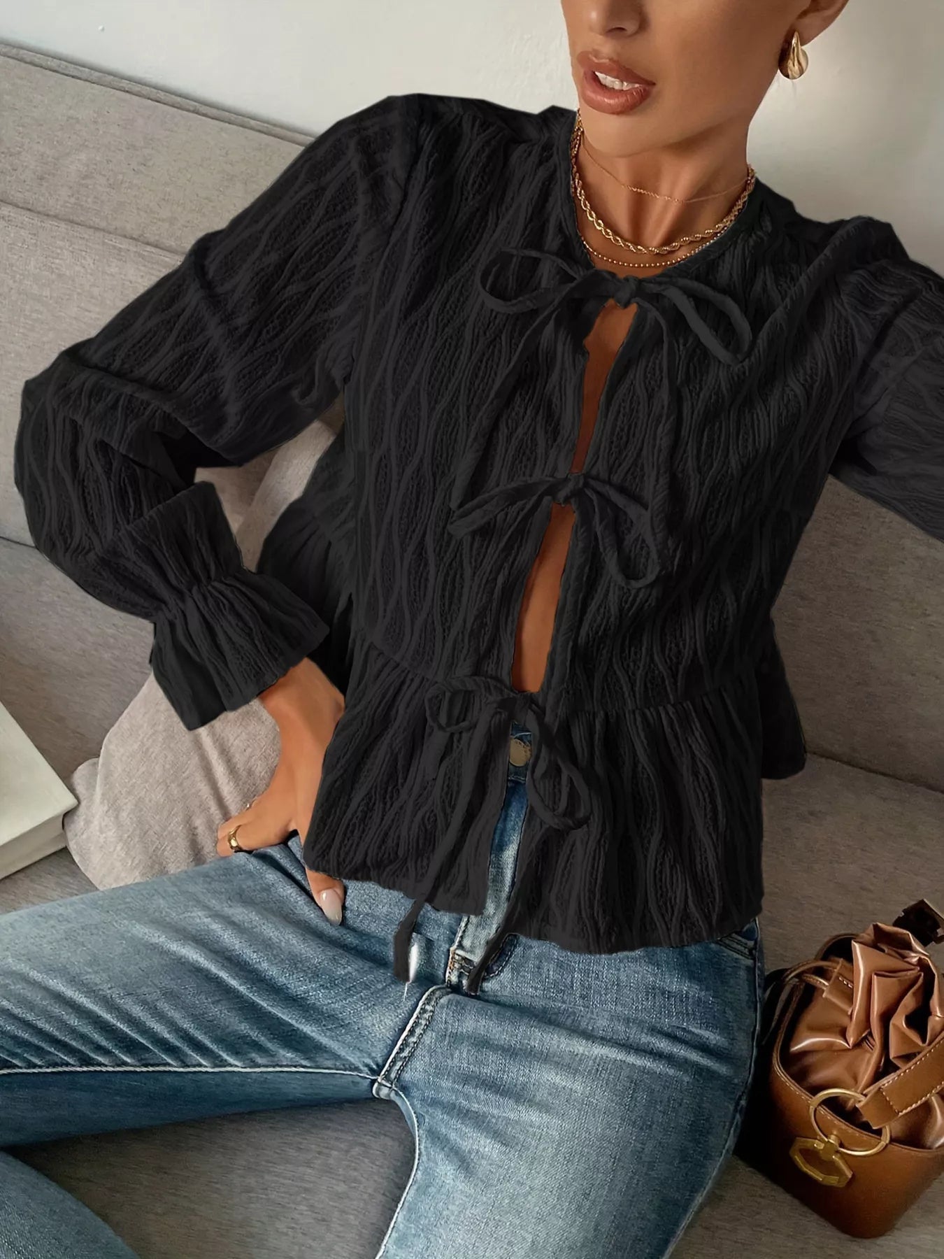 Tie Front Flounce Sleeve Blouse 