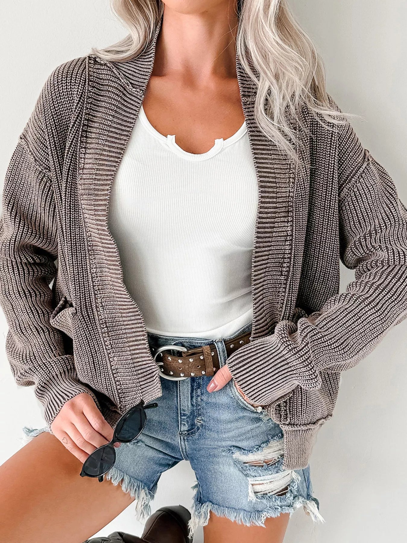Mineral Wash Exposed Seam Patchwork Knit Open Sweater Cardigan 